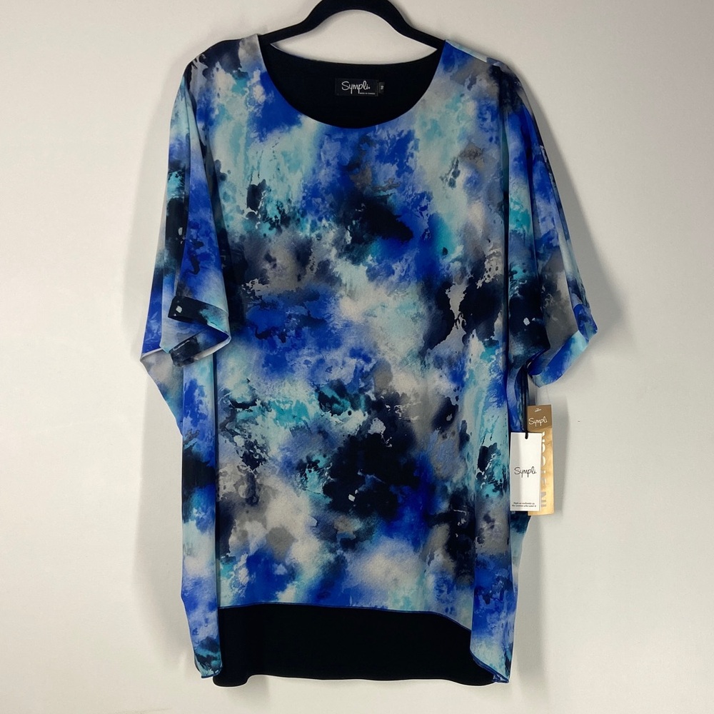 New. Sympli Blue and Black Abstract Top